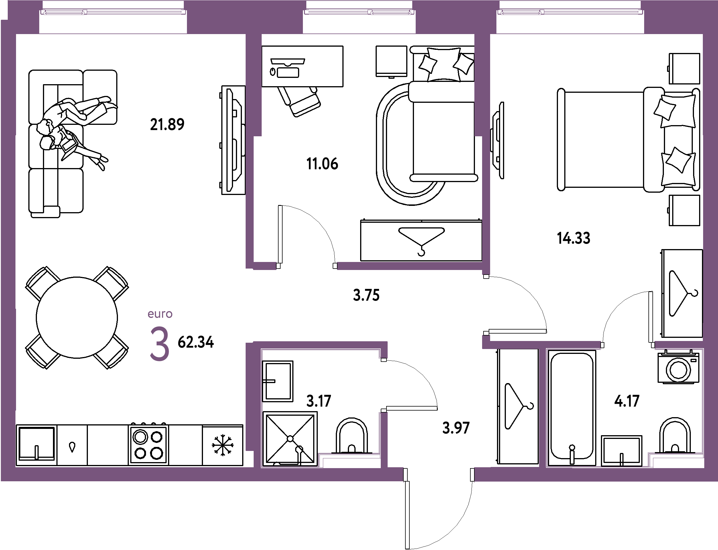 Планировка: Евротрёшка 62,34 м² в ЖК «Европейский берег 2.0»