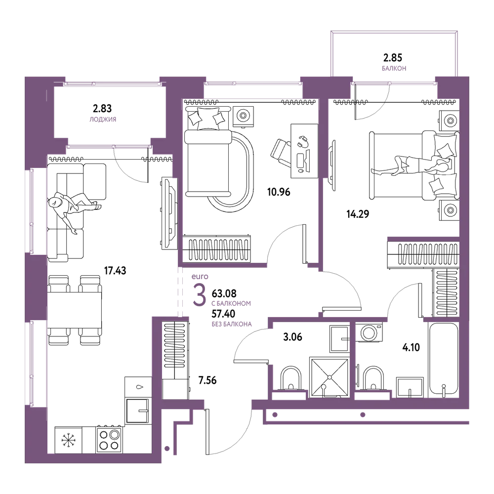 Планировка: Евротрёшка 63,08 м²