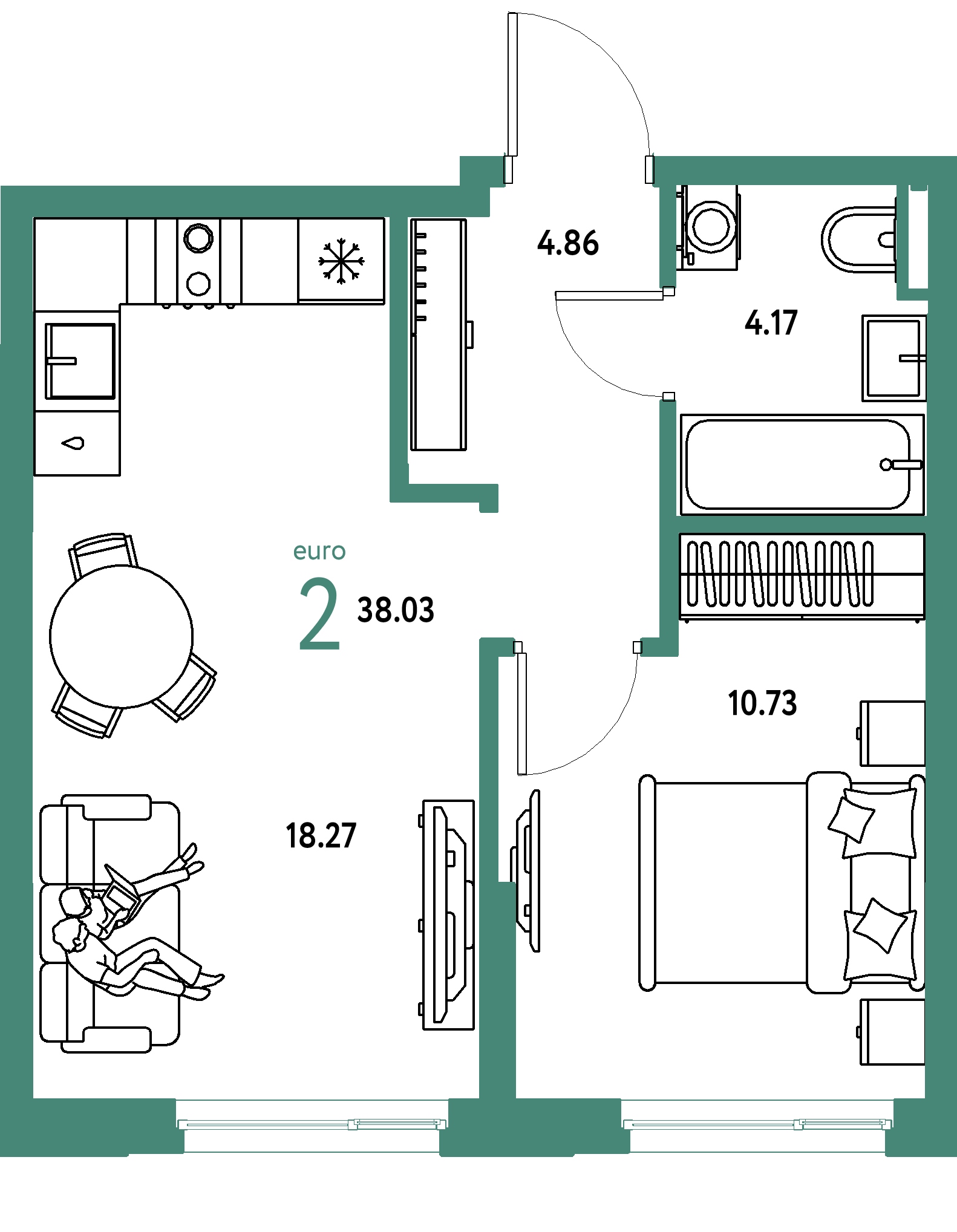 Планировка: Евродвушка 38,03 м² в ЖК «Остров-сад»