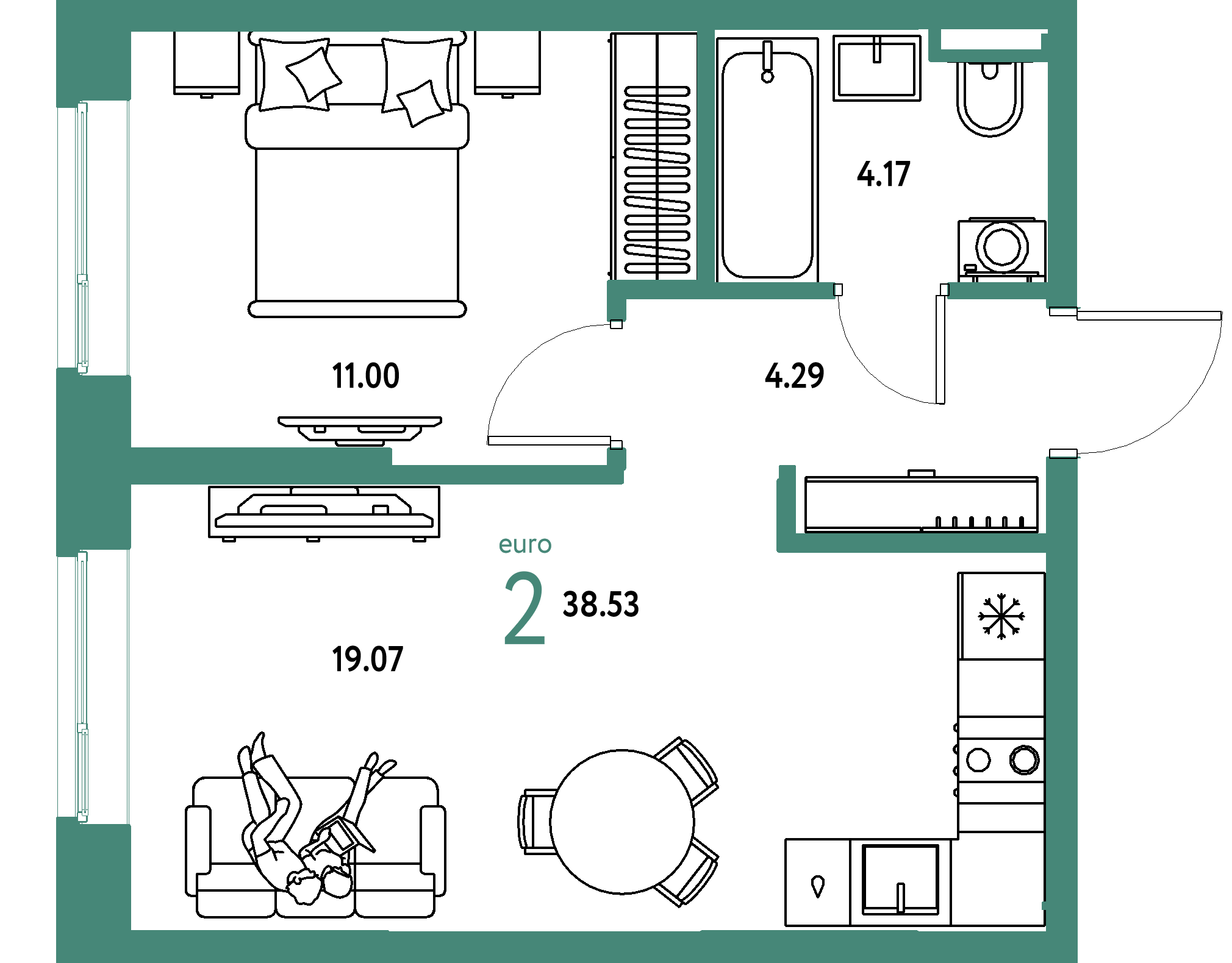 Планировка: Евродвушка 38,53 м² в ЖК «Остров-сад»