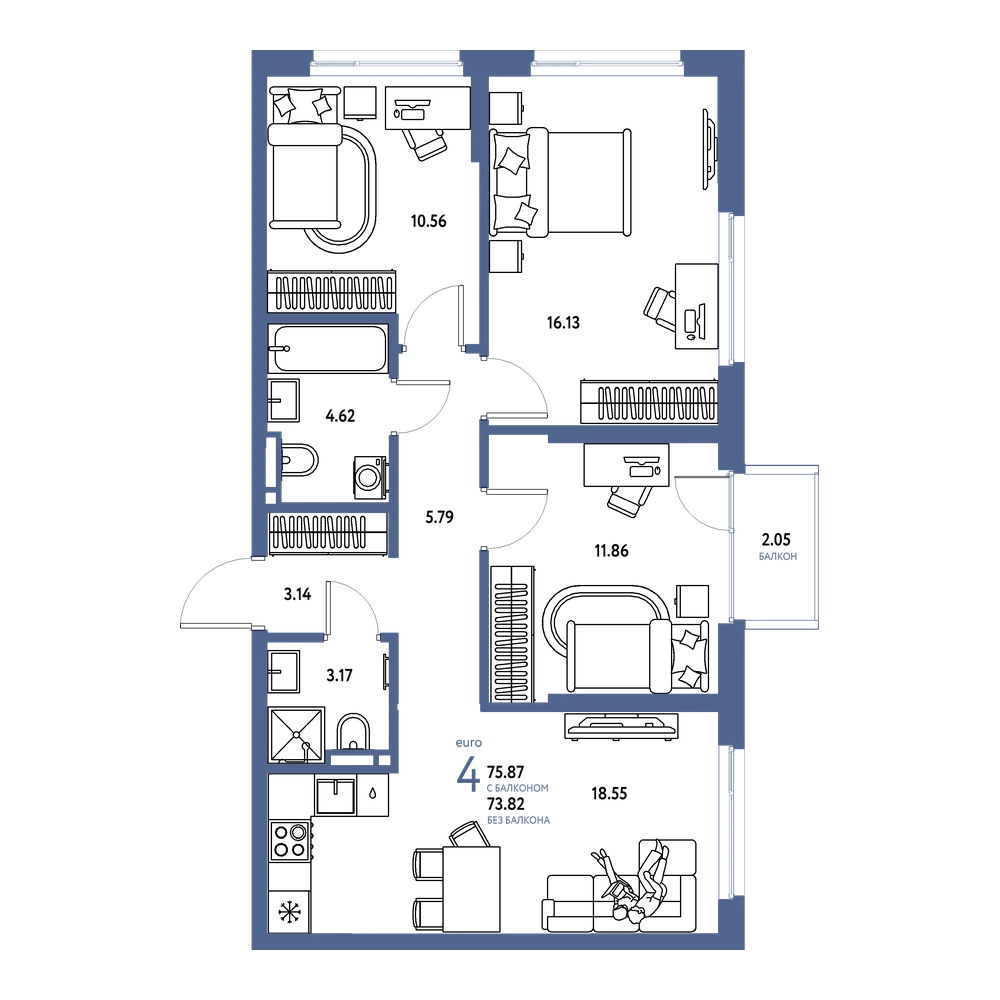 Планировка: Евро-4 75,87 м²