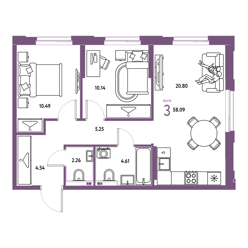 Планировка: Евротрёшка 58,09 м²