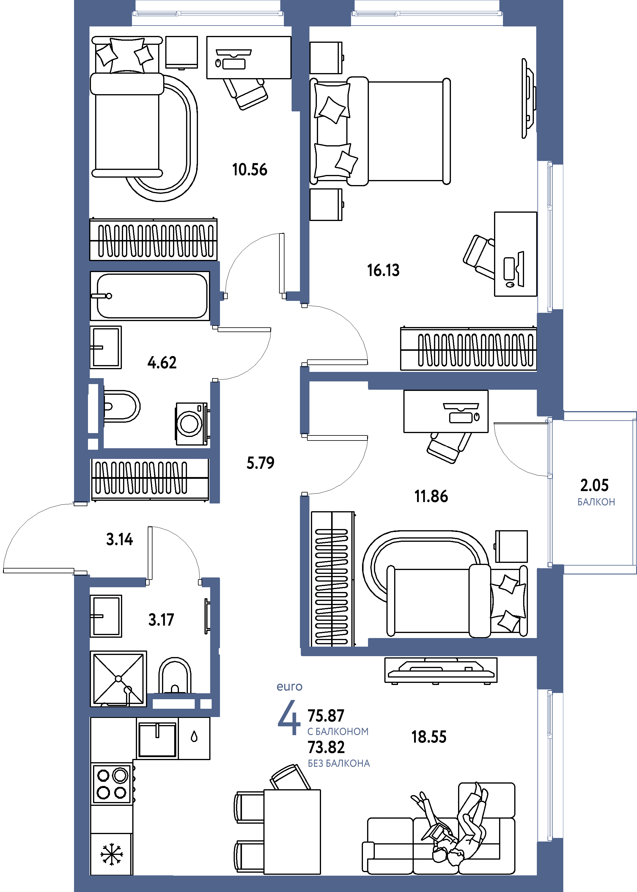 Планировка: Евро-4 75,87 м² в ЖК «Страна.Прибрежная»