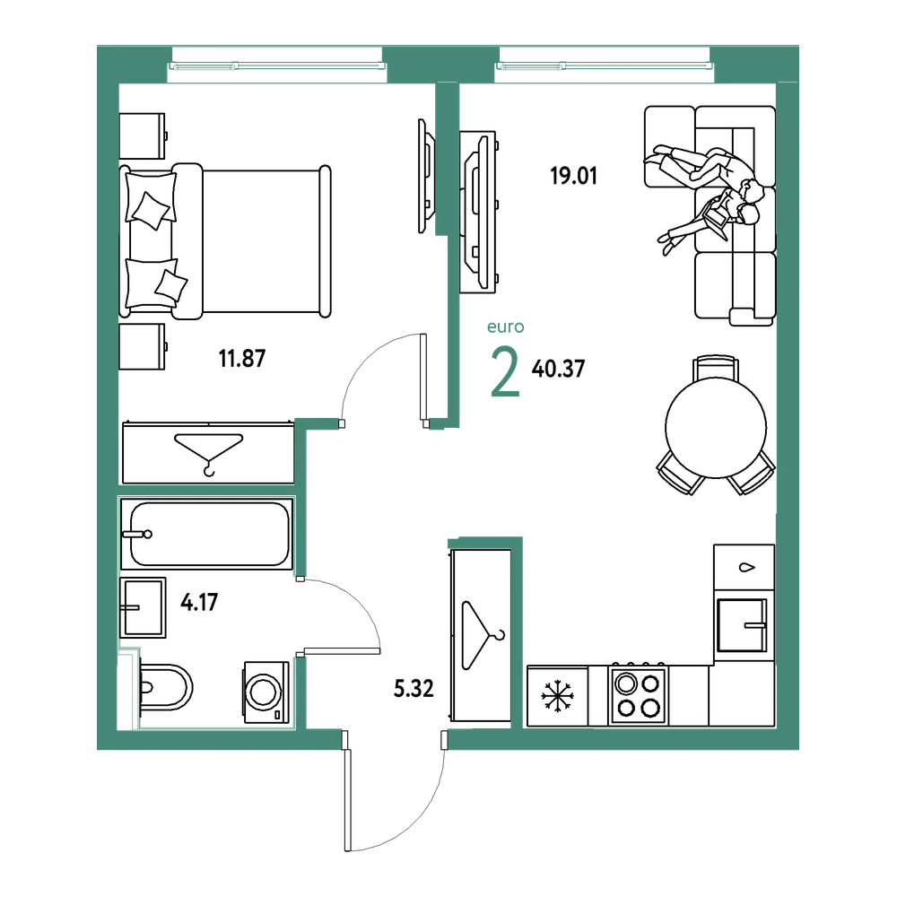 Планировка: Евродвушка 40,37 м²