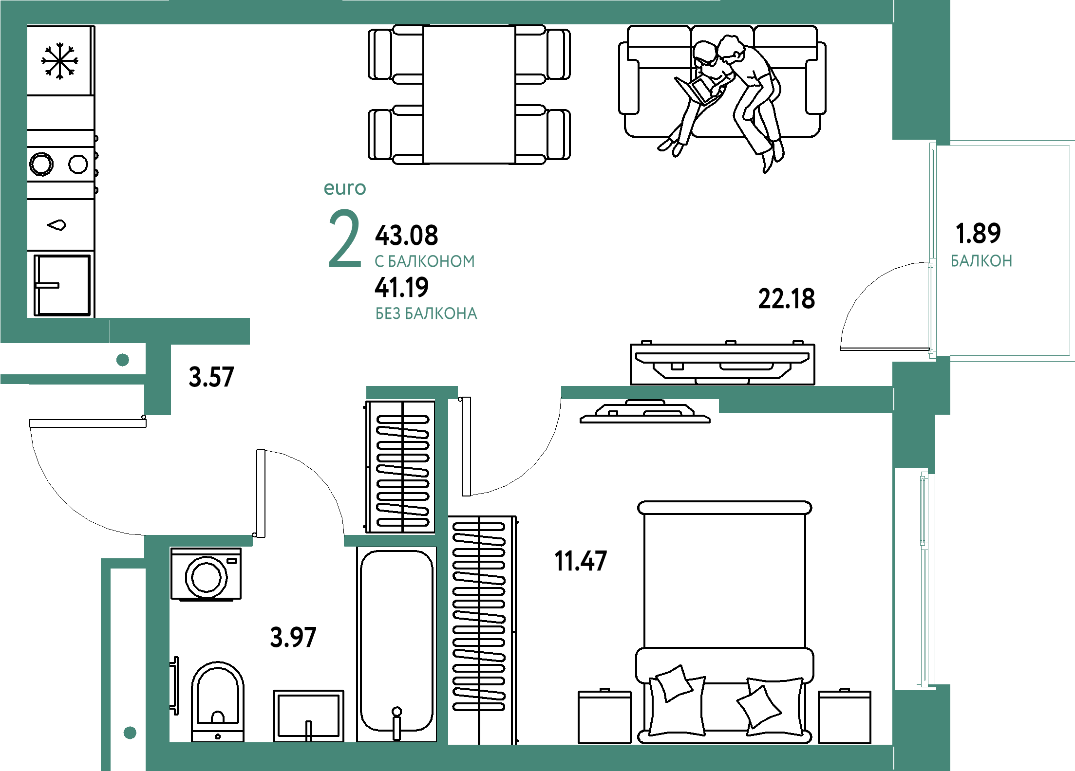Планировка: Евродвушка 43,08 м² в ЖК «Домашний»