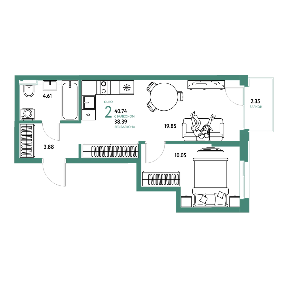 Планировка: Евродвушка 40,74 м²