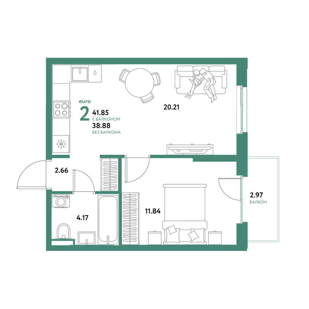 Планировка: Евродвушка 41,85 м²
