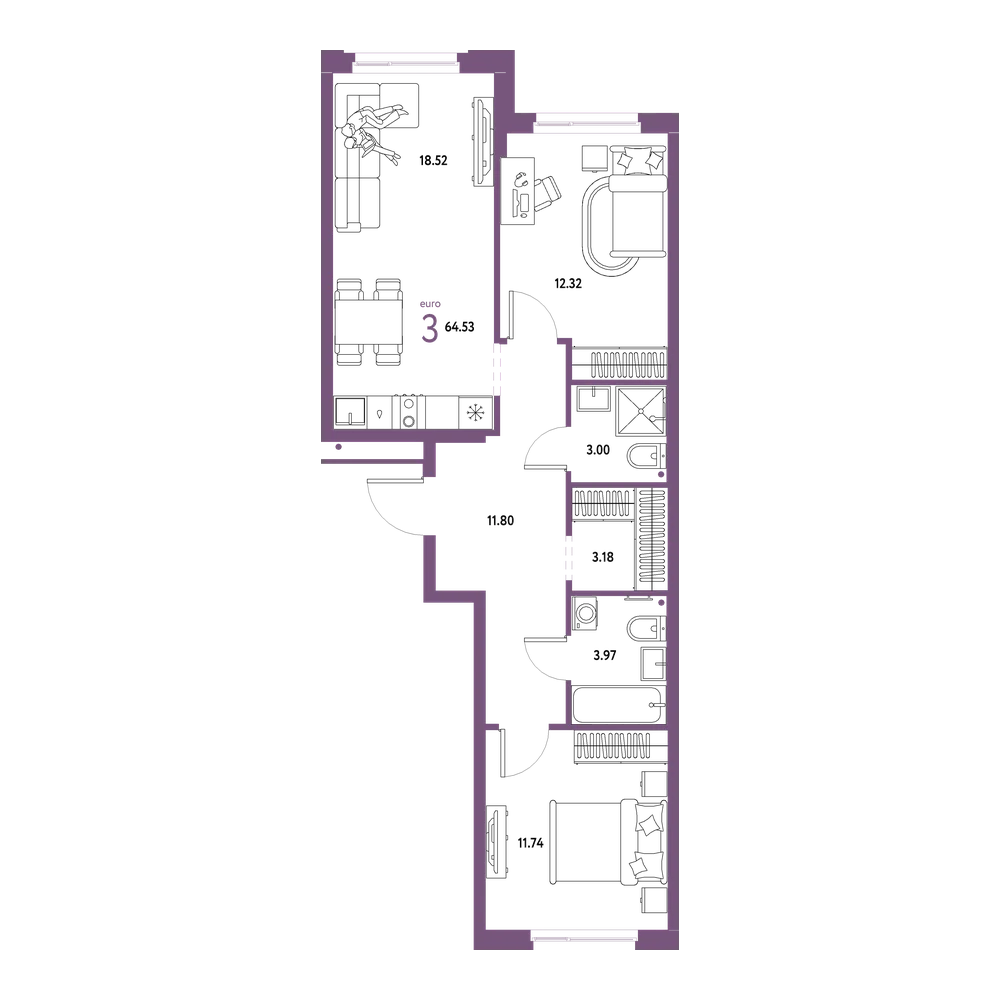 Планировка: Евротрёшка 64,53 м²
