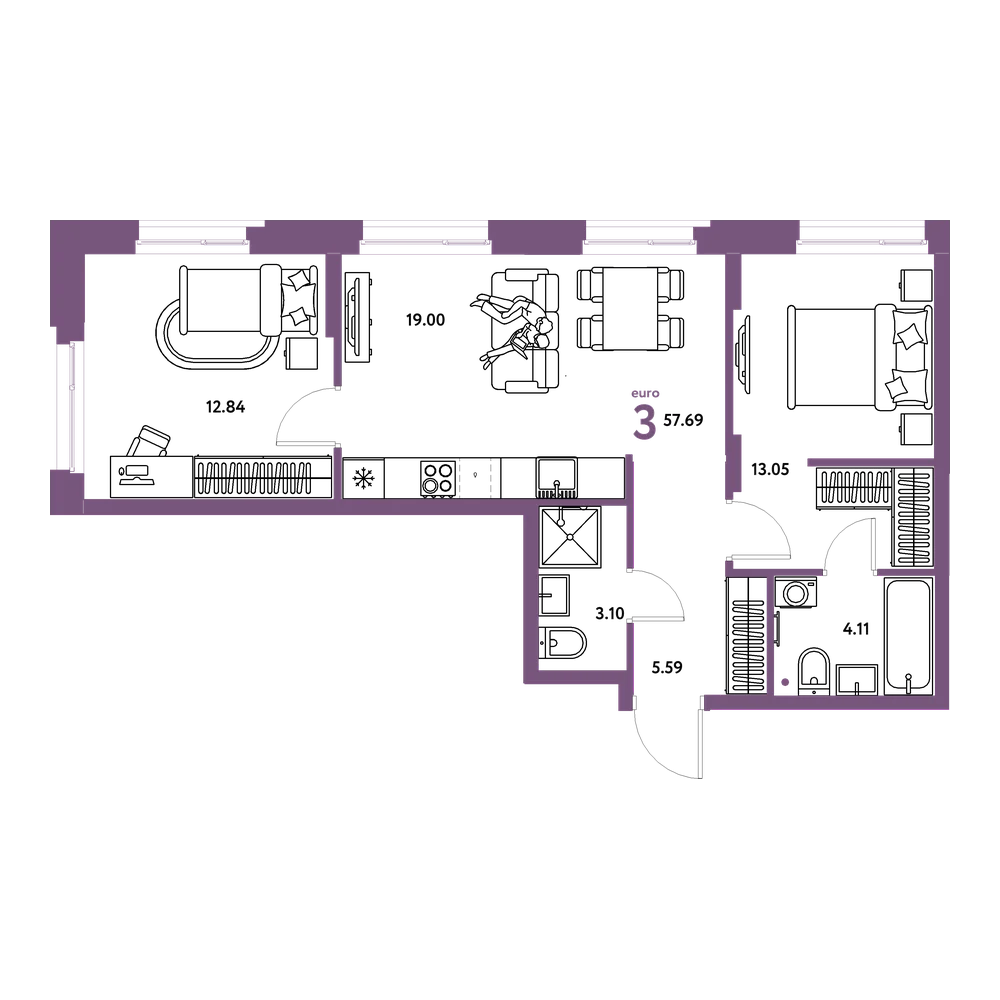 Планировка: Евротрёшка 57,69 м²