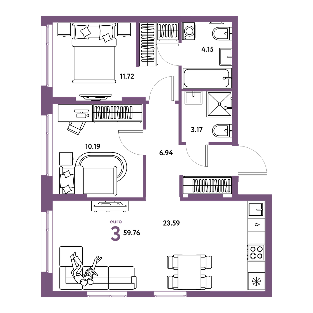 Планировка: Евротрёшка 59,76 м²