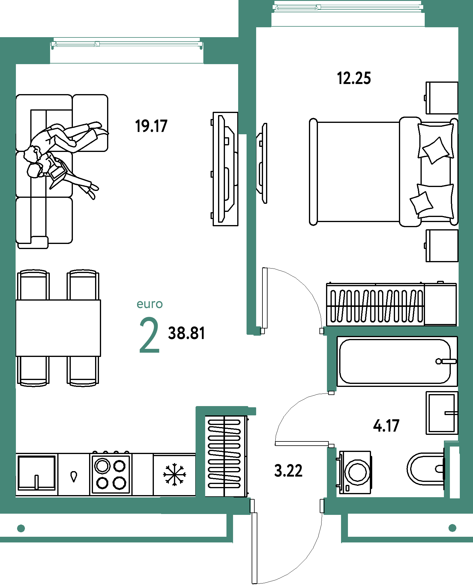 Планировка: Евродвушка 38,81 м² в ЖК «Страна.Прибрежная»