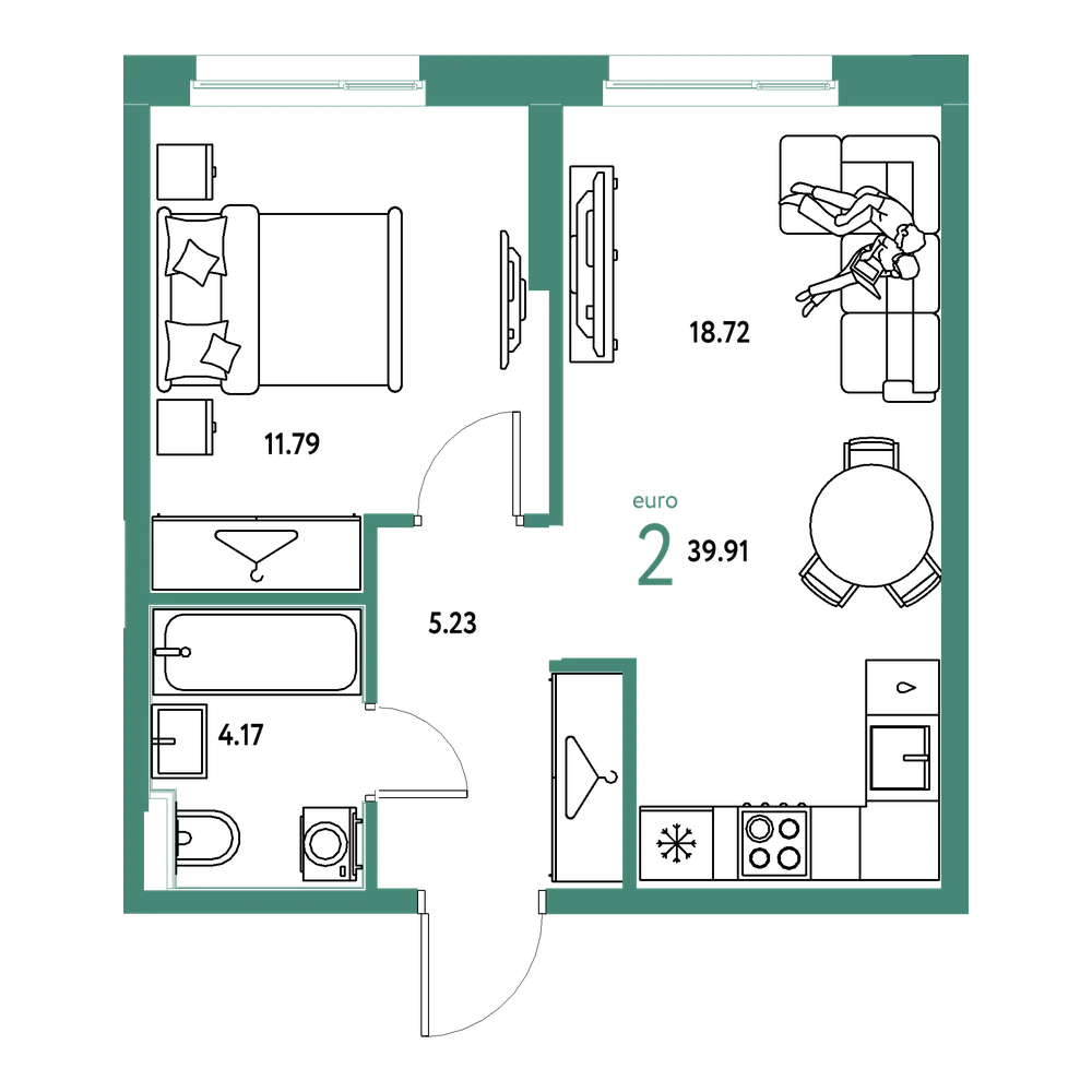 Планировка: Евродвушка 39,91 м²