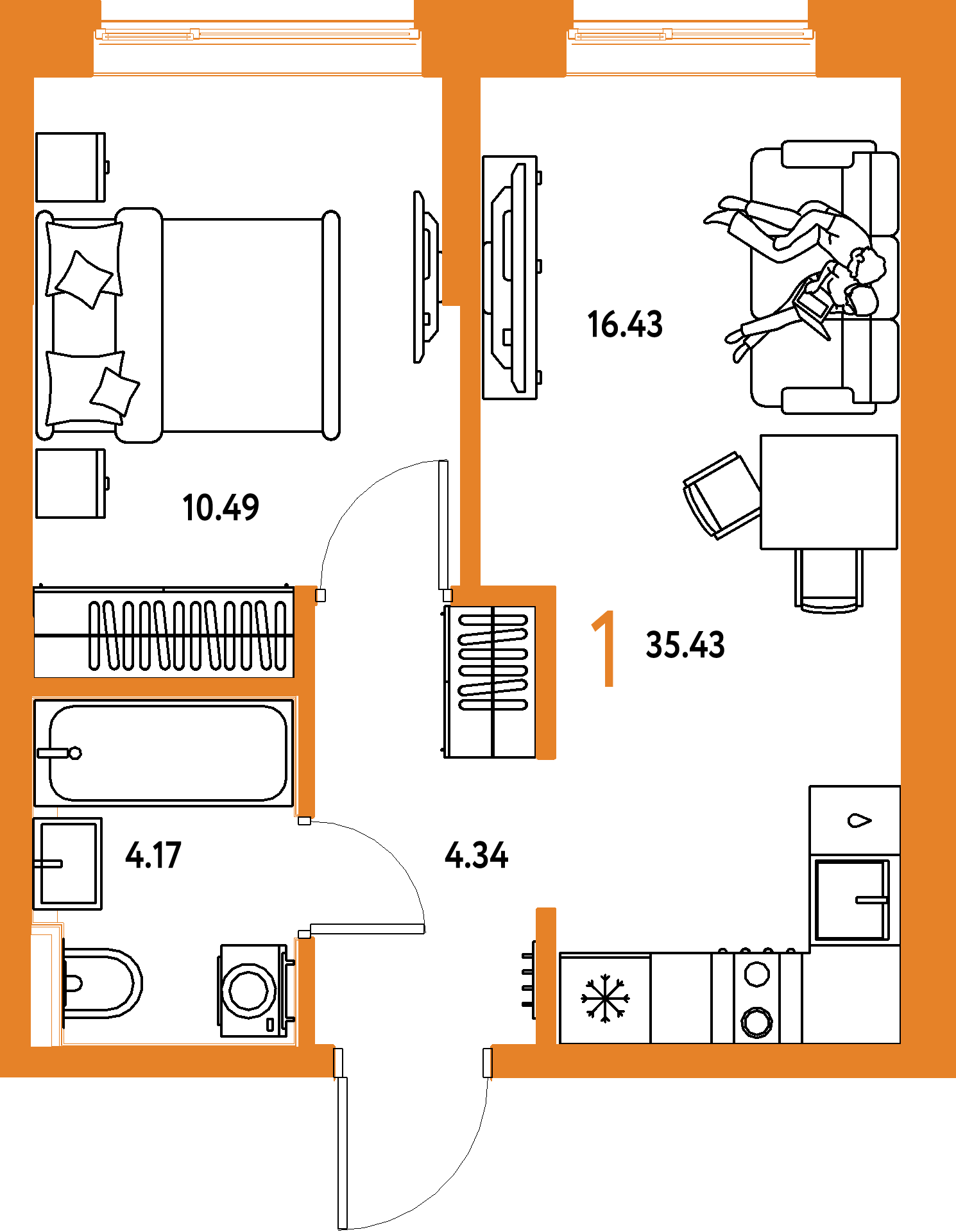 Планировка: 1-комнатная 35,43 м² в ЖК «Остров-сад»