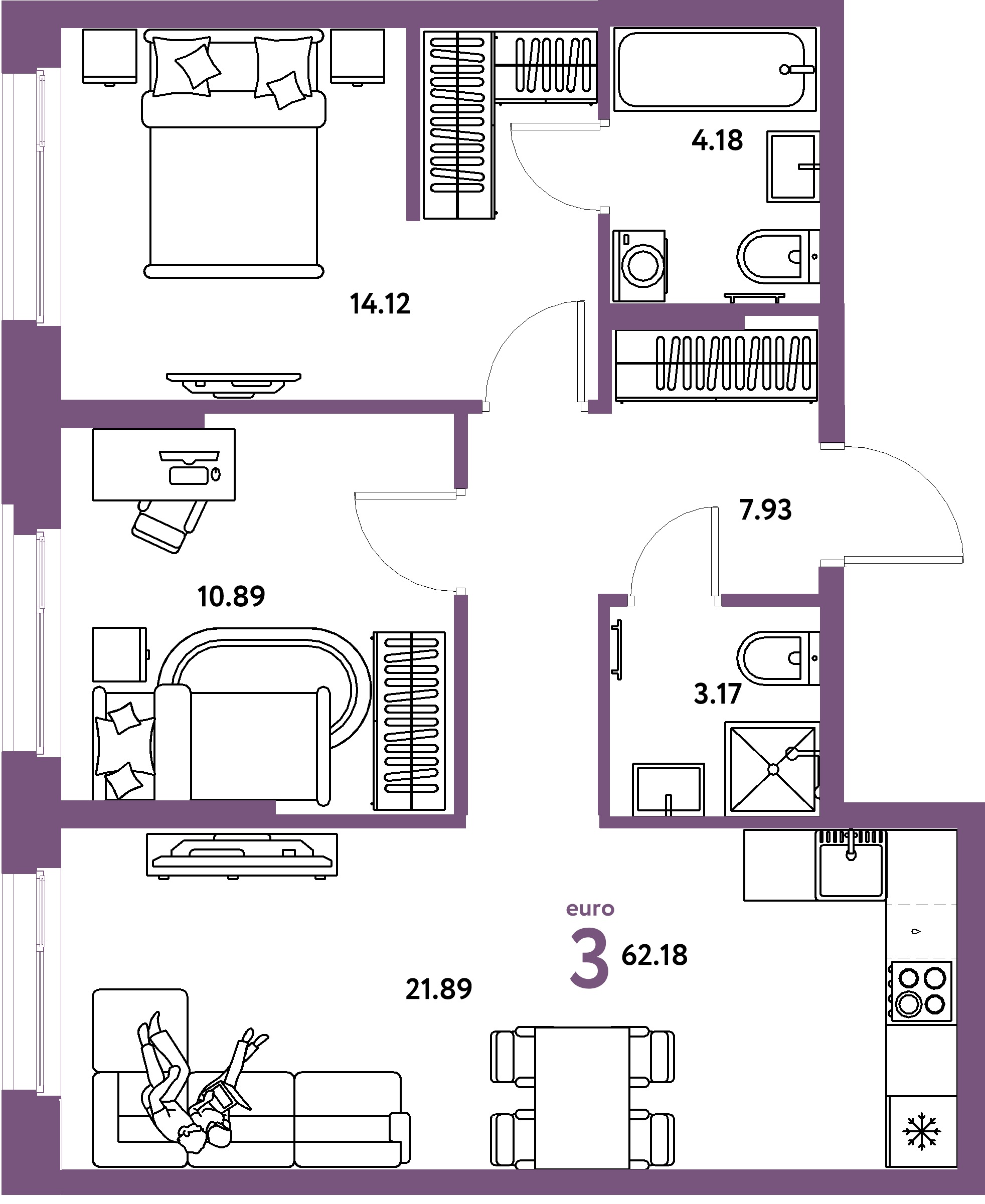 Планировка: Евротрёшка 62,18 м² в ЖК «Европейский берег 2.0»