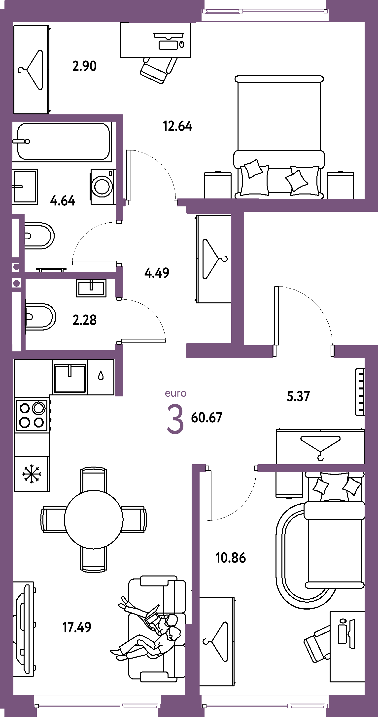 Планировка: Евротрёшка 60,67 м² в ЖК «Страна.Прибрежная»