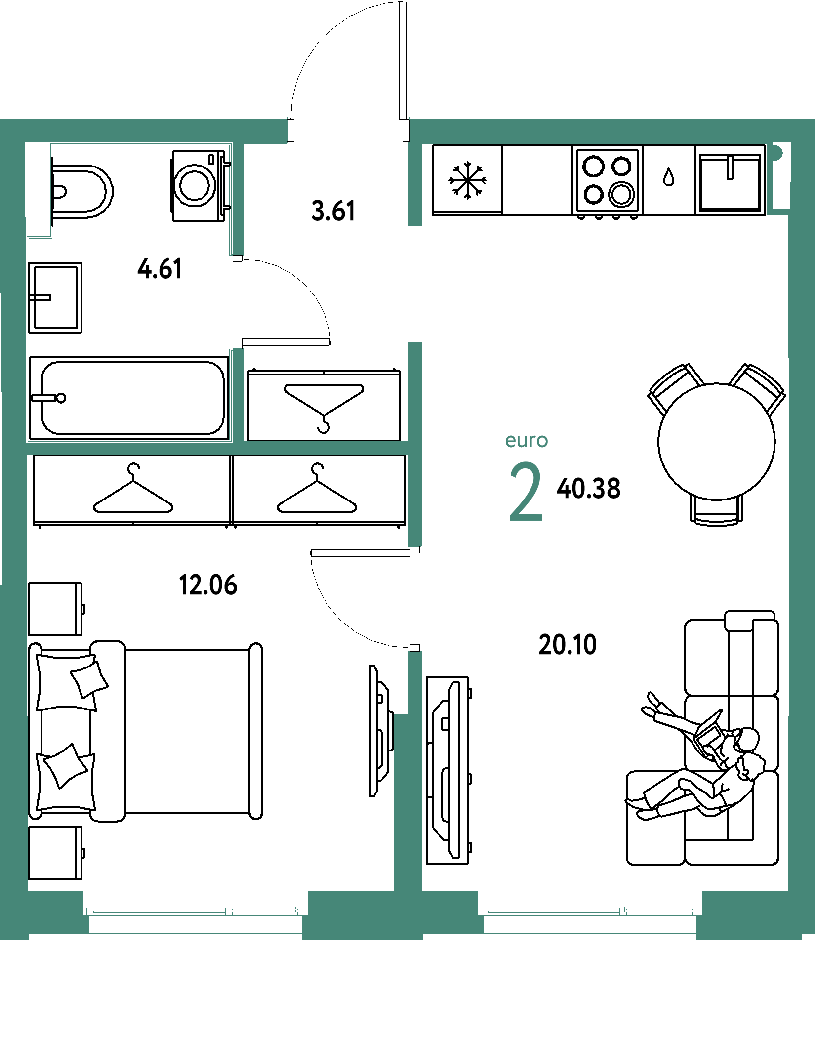 Планировка: Евродвушка 40,38 м² в ЖК «Европейский берег 2.0»