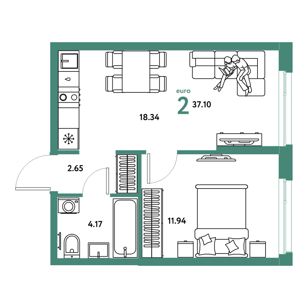 Планировка: Евродвушка 37,1 м²