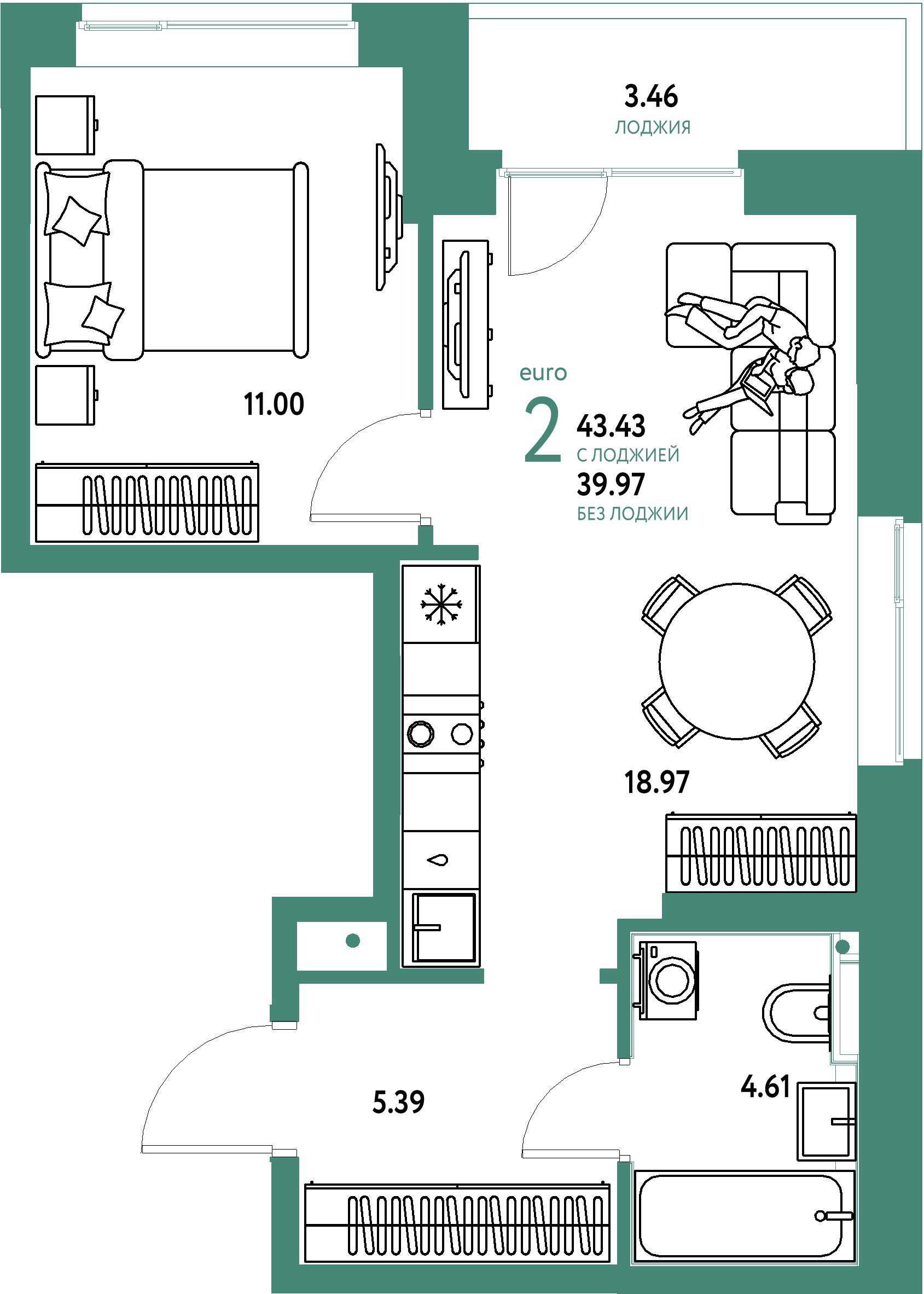 Планировка: Евродвушка 43,43 м² в ЖК «Домашний»