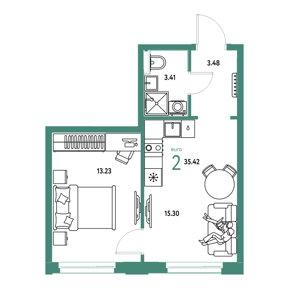 Планировка: Евродвушка 35,42 м²