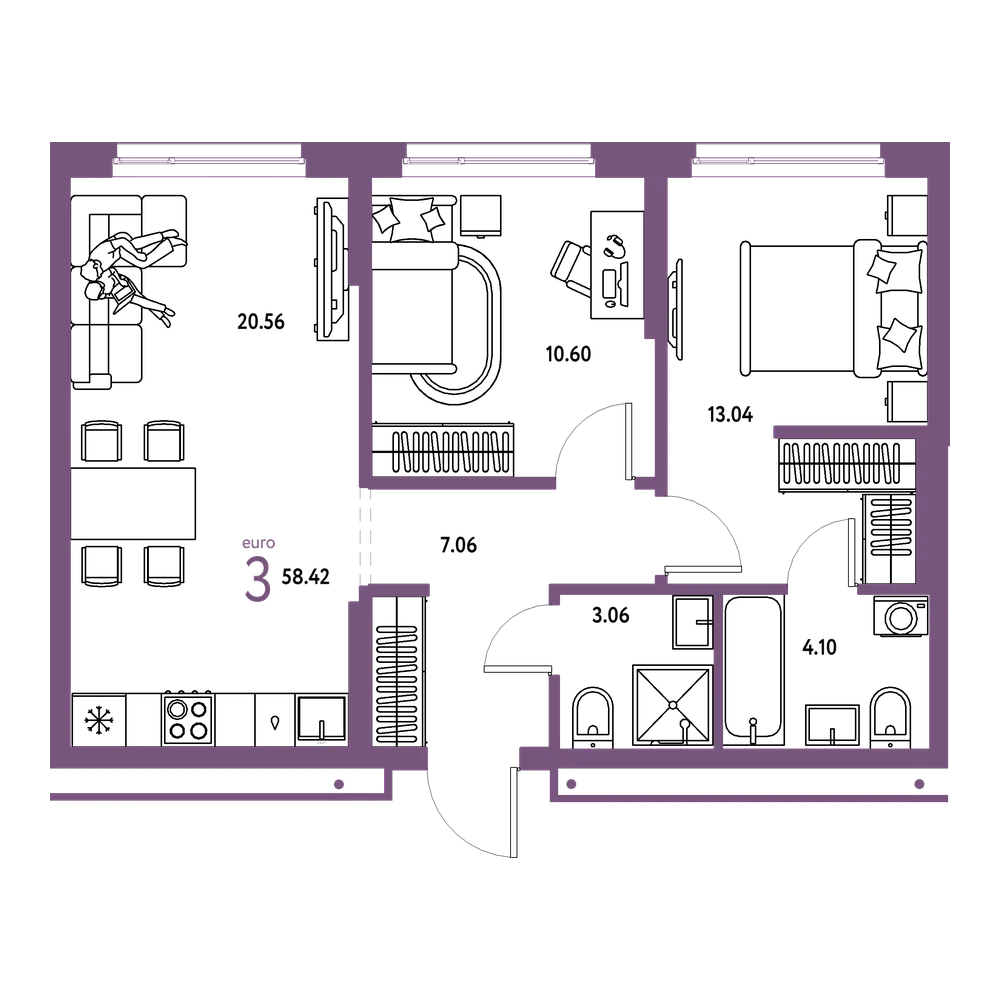 Планировка: Евротрёшка 58,42 м²