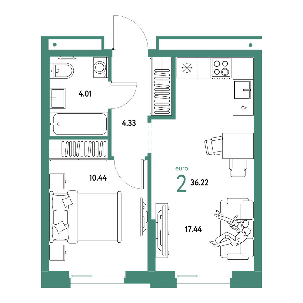 Планировка: Евродвушка 36,22 м²