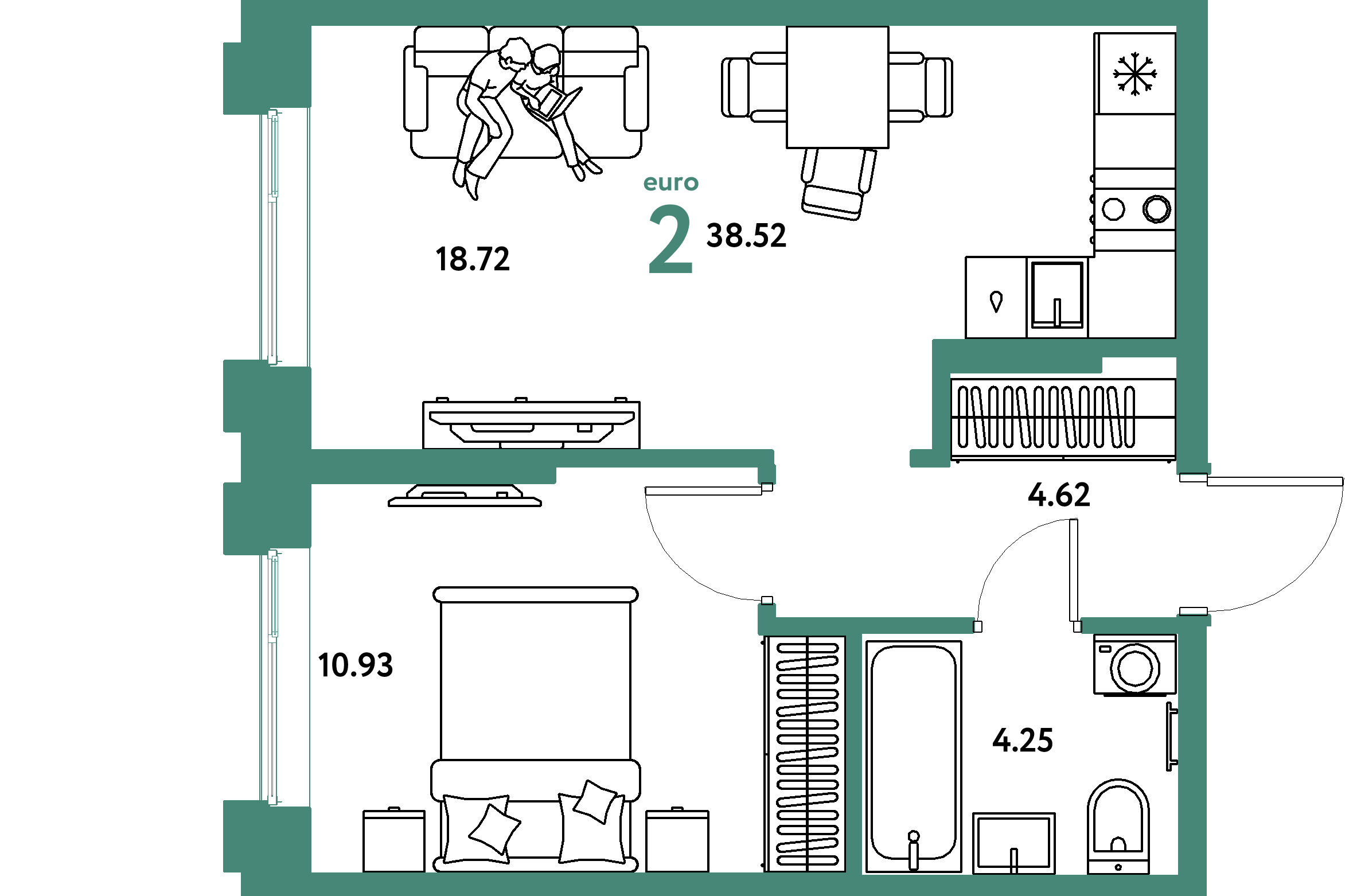 Планировка: Евродвушка 38,52 м² в ЖК «Европейский берег 2.0»