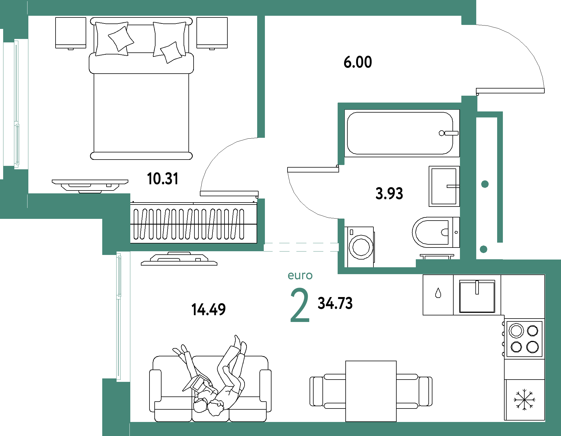 Планировка: Евродвушка 34,73 м² в ЖК «Домашний»