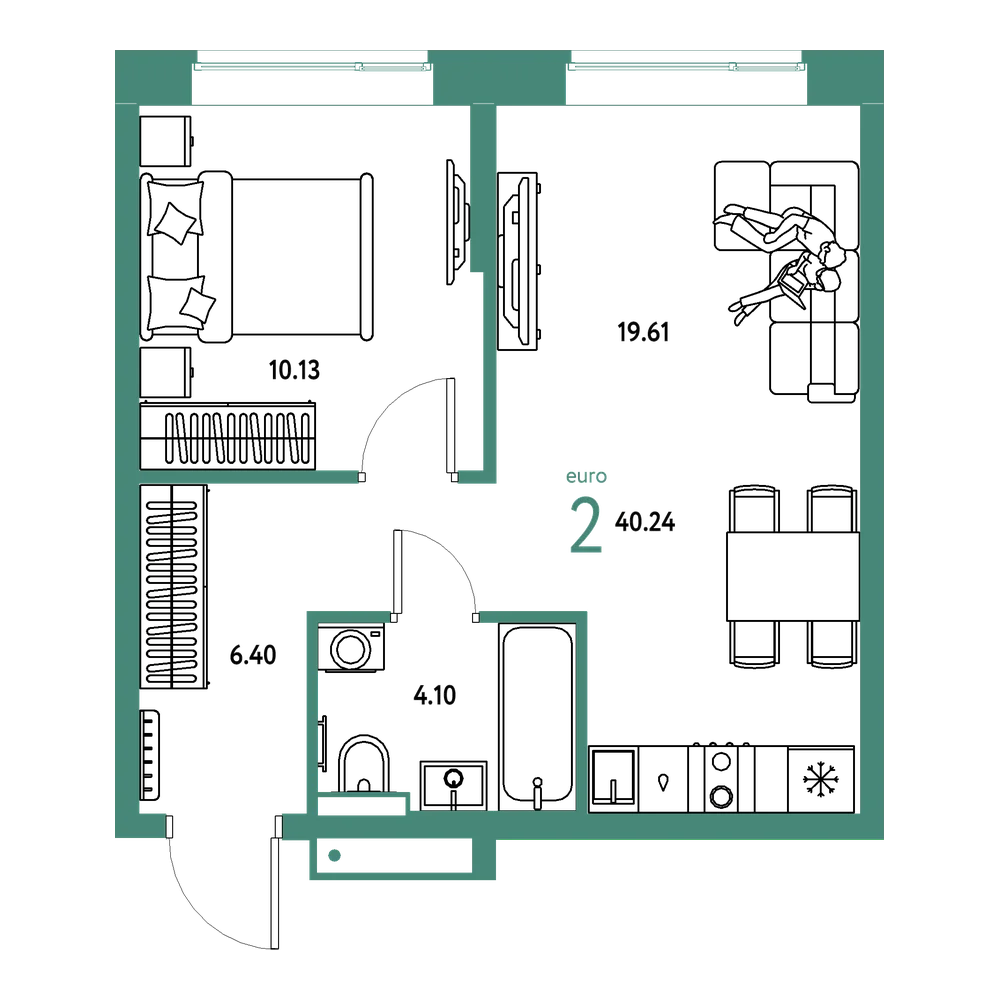 Планировка: Евродвушка 40,24 м²