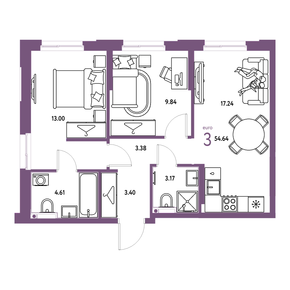 Планировка: Евротрёшка 54,64 м²