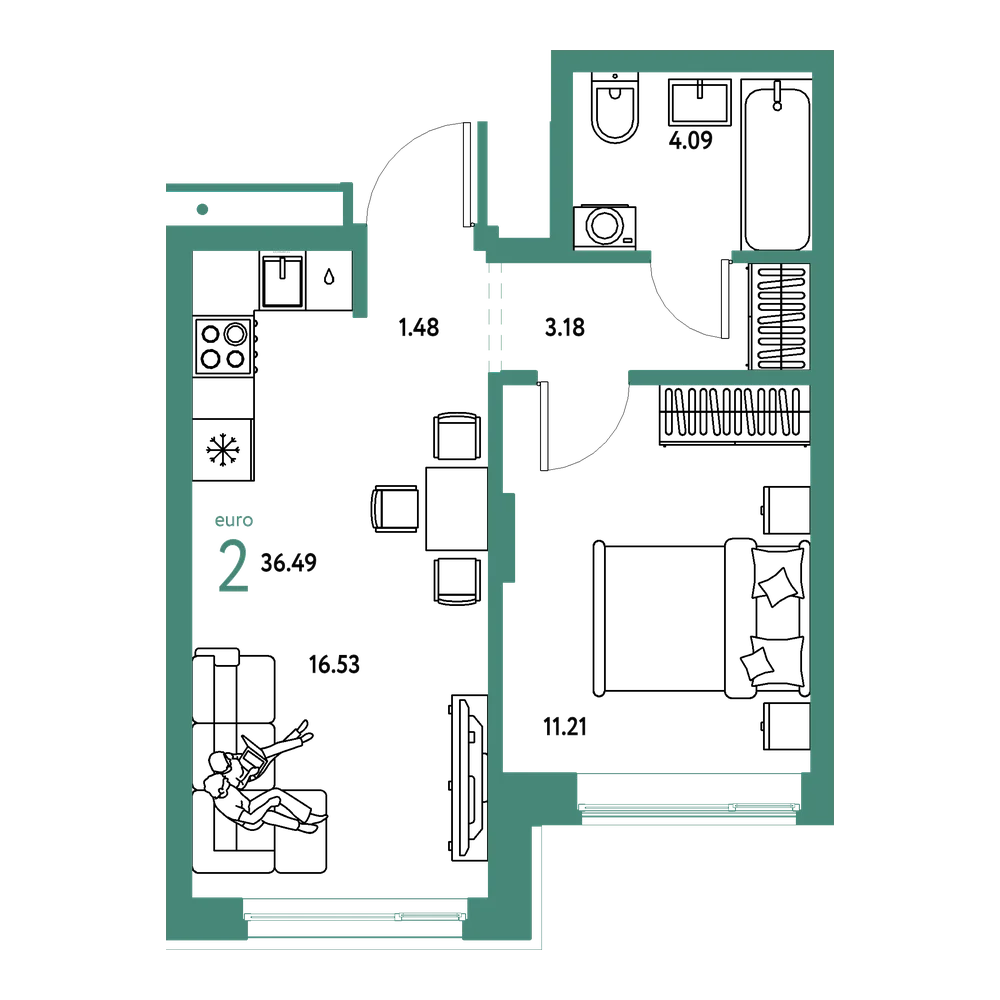 Планировка: Евродвушка 36,49 м²