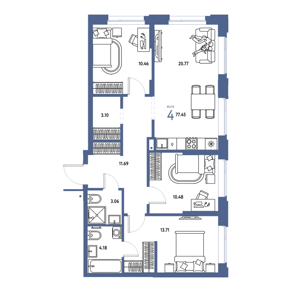 Планировка: Евро-4 77,45 м²