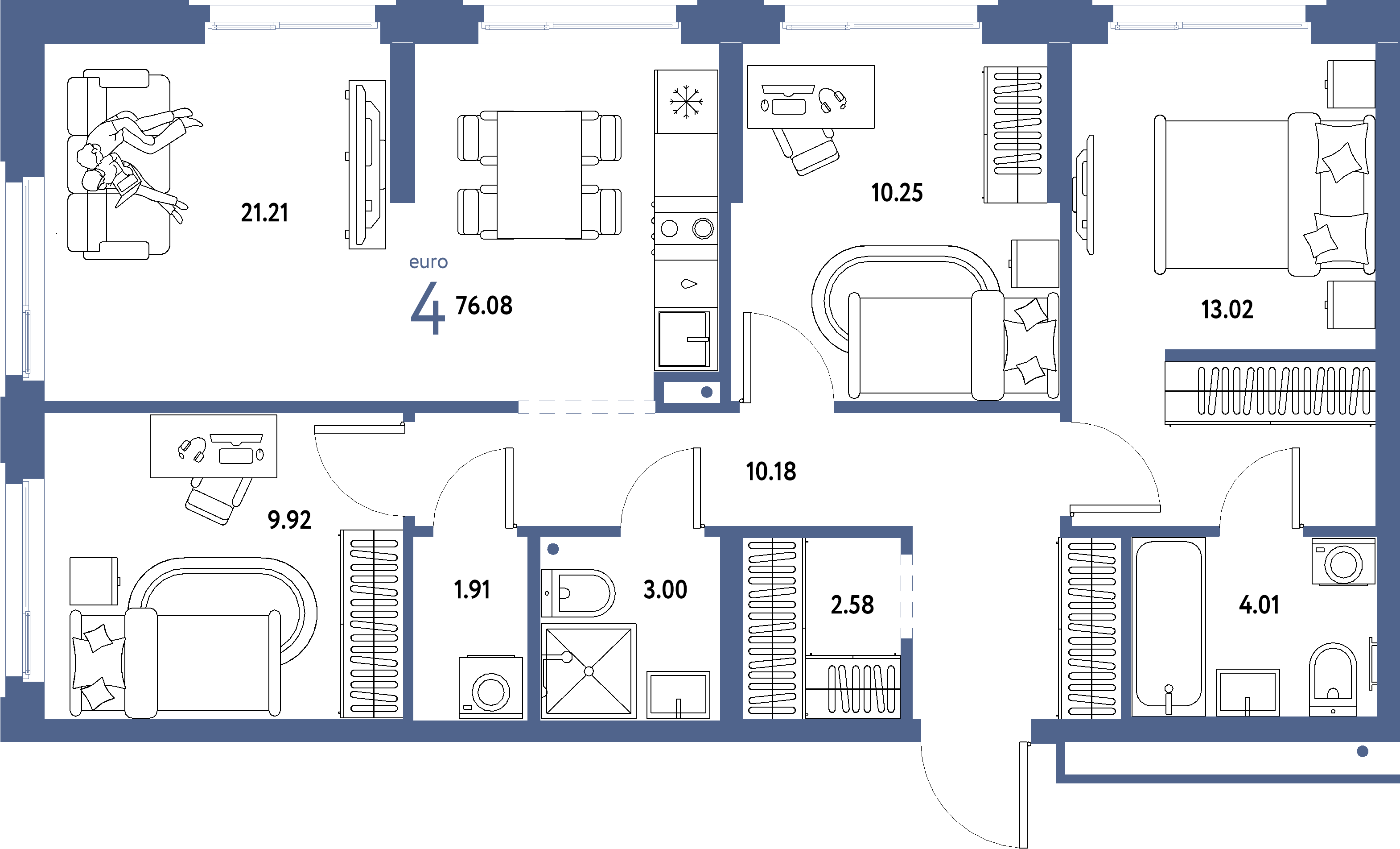 Планировка: Евро-4 76,08 м² в ЖК «Домашний»