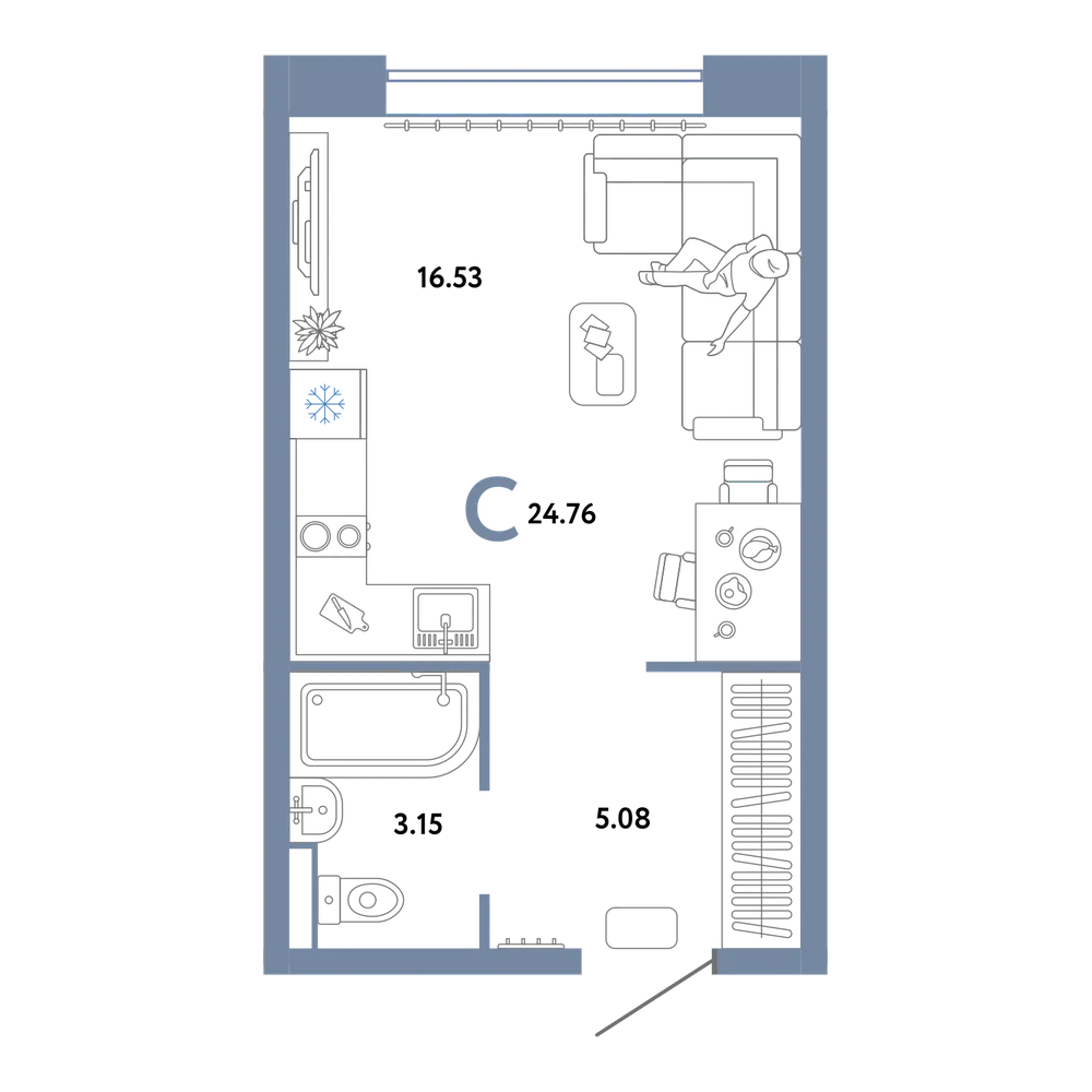 Планировка: Студия 24,76 м²