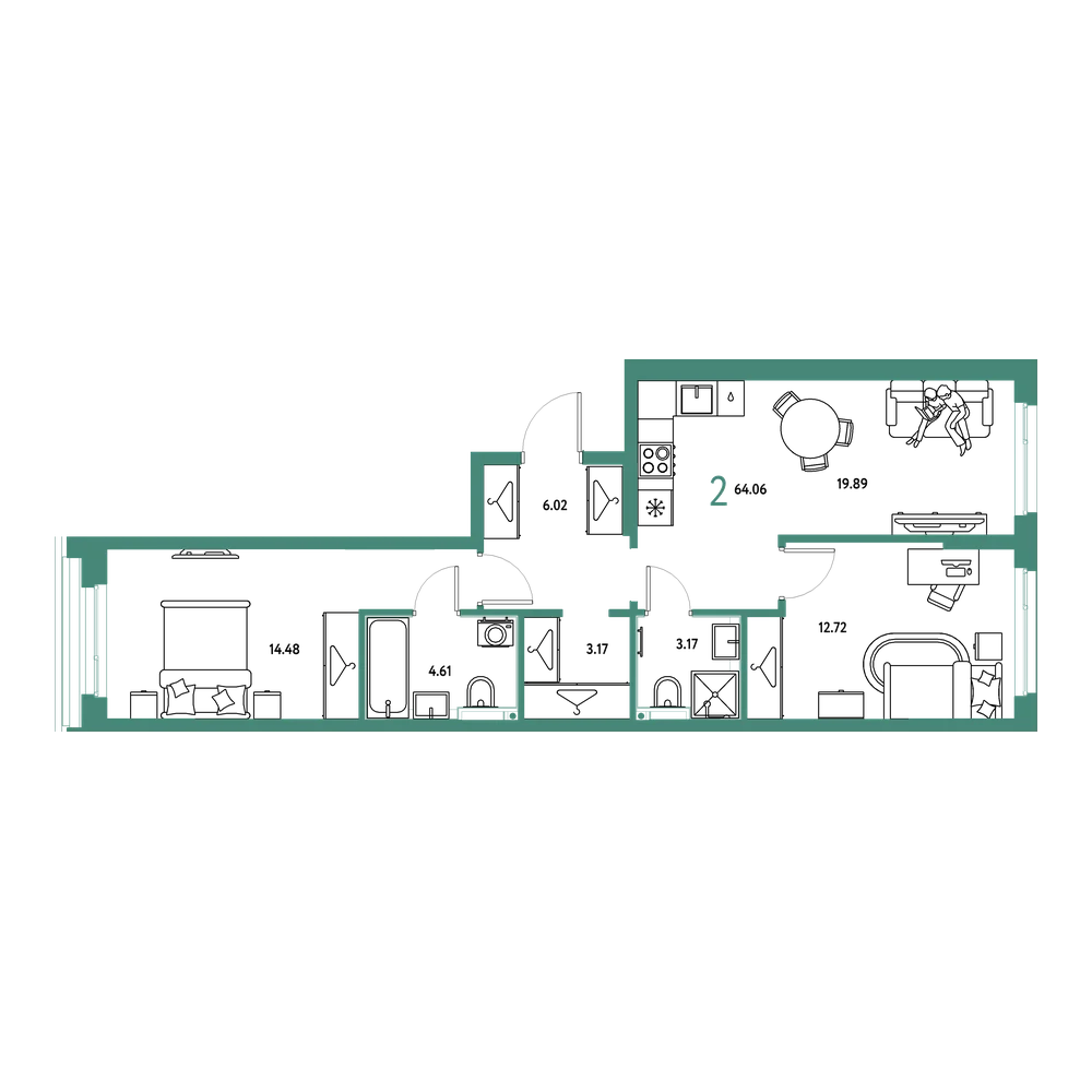 Планировка: 2-комнатная 64,06 м²