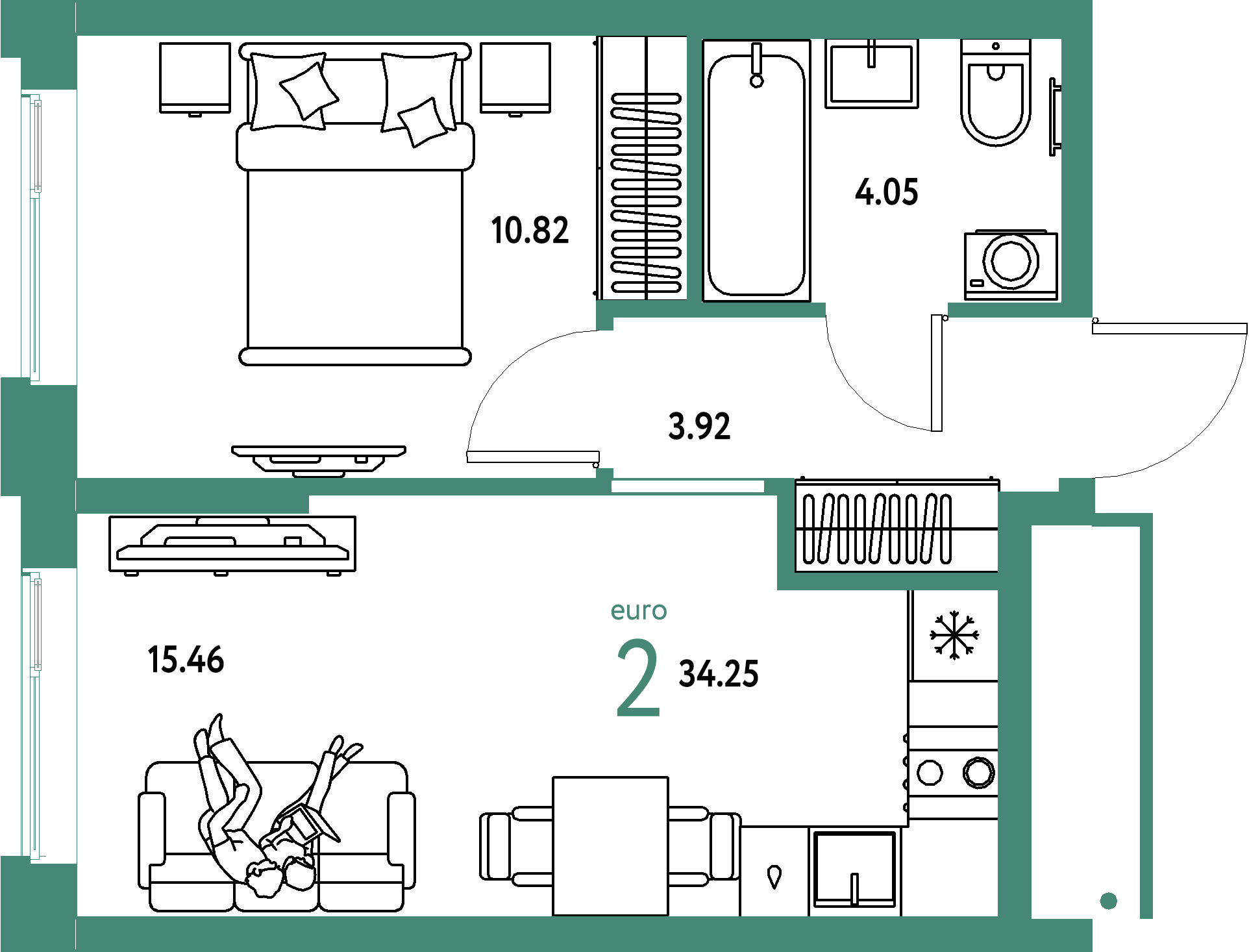 Планировка: Евродвушка 34,25 м² в ЖК «Домашний»
