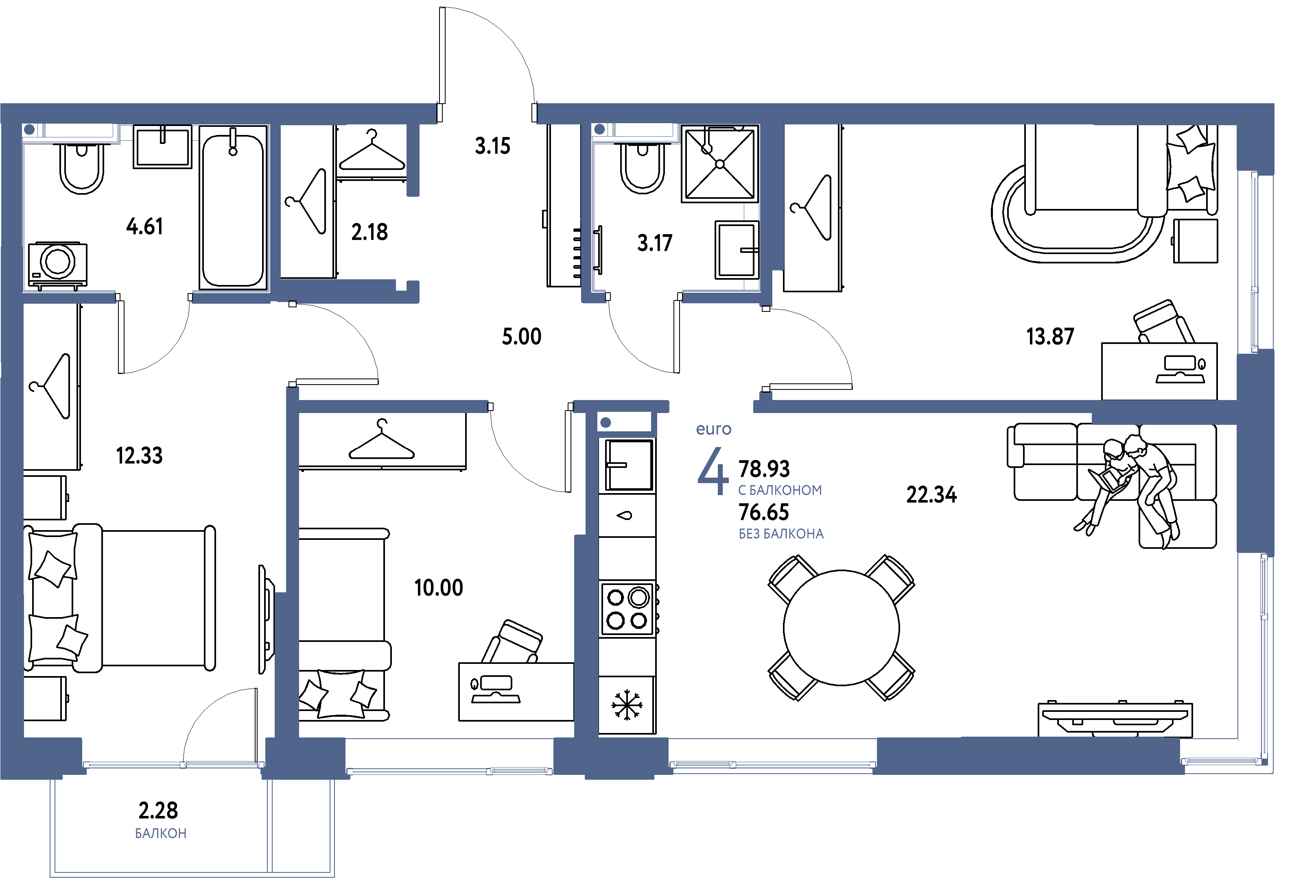 Планировка: Евро-4 78,93 м² в ЖК «Страна.Прибрежная»