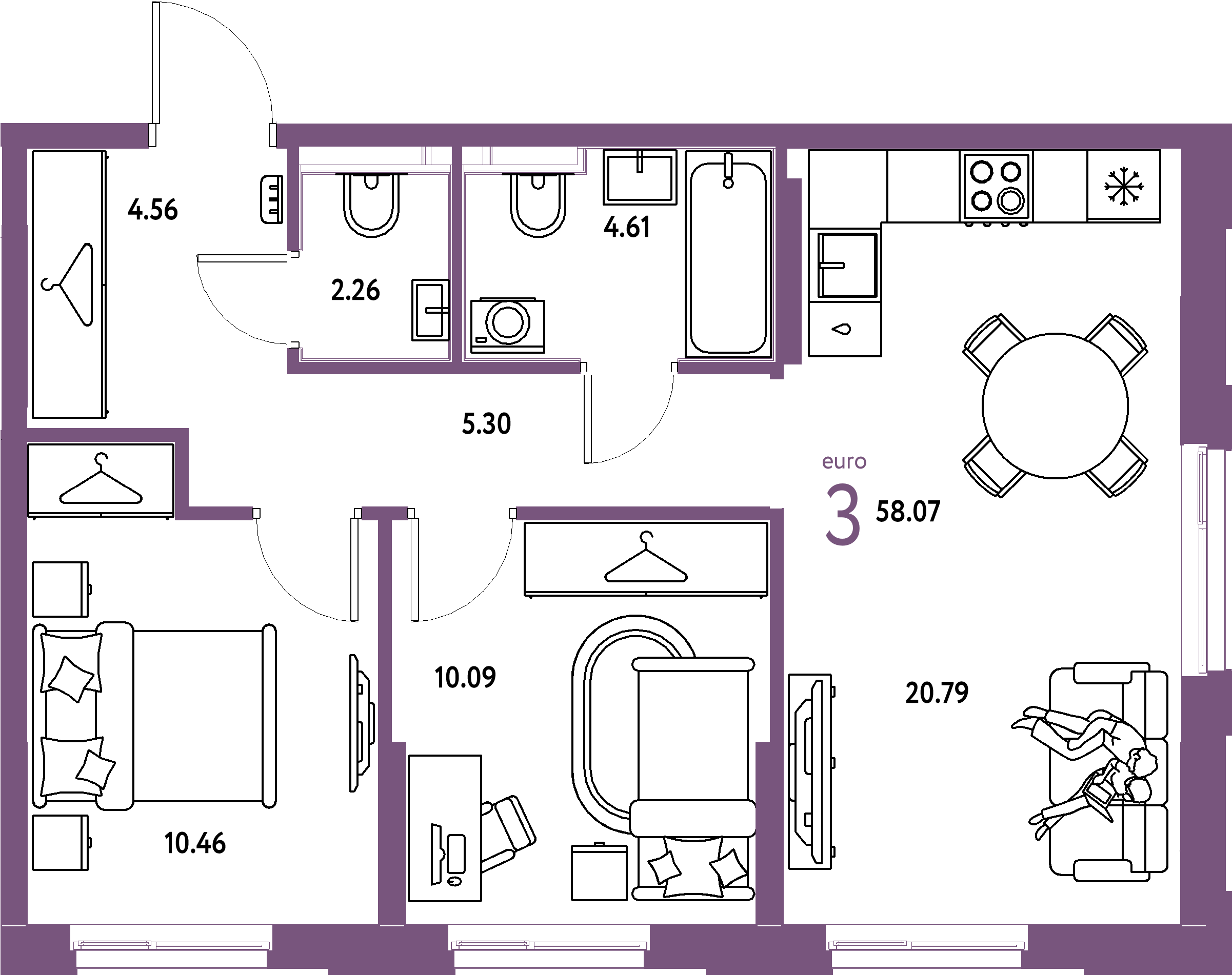 Планировка: Евротрёшка 58,07 м² в ЖК «Европейский берег 2.0»