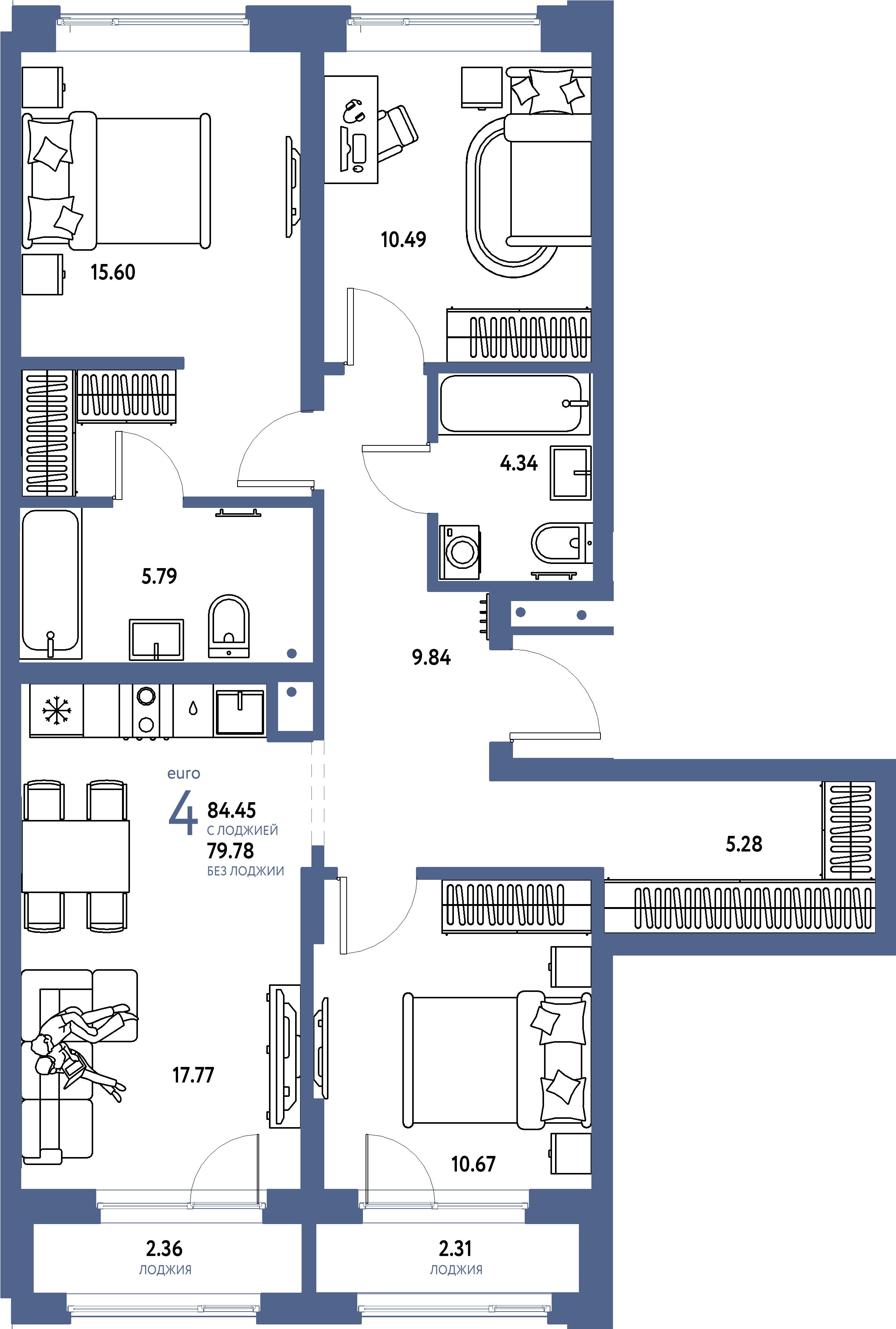 Планировка: Евро-4 84,45 м² в ЖК «Домашний»