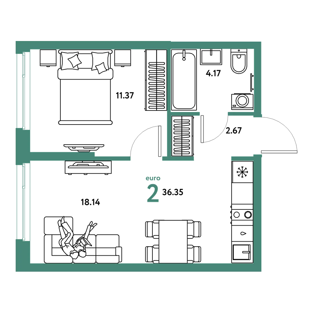 Планировка: Евродвушка 36,35 м²