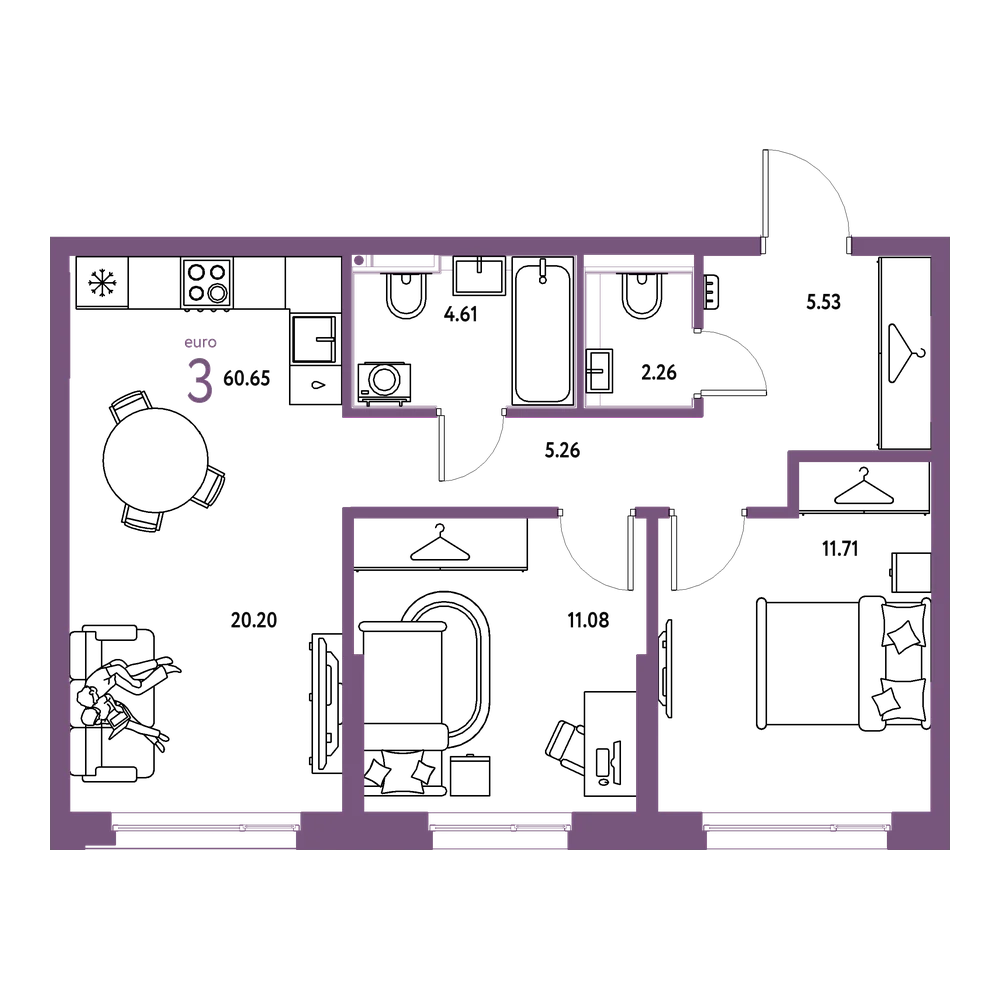 Планировка: Евротрёшка 60,65 м²