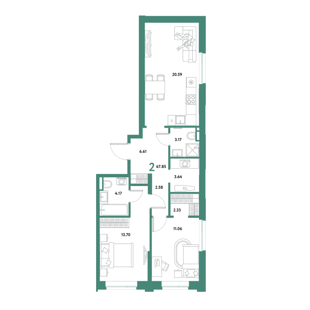 Планировка: 2-комнатная 67,85 м²