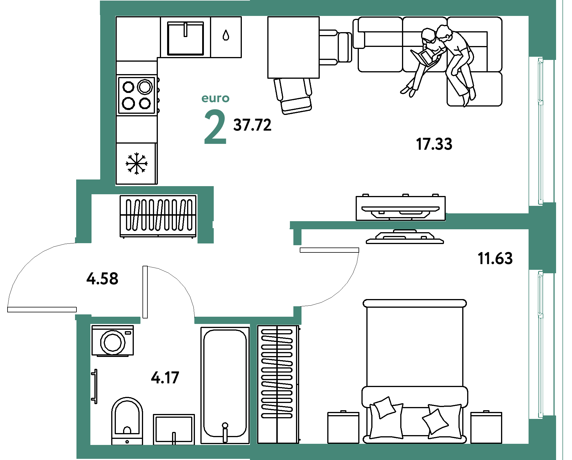 Планировка: Евродвушка 37,72 м² в ЖК «Европейский берег 2.0»