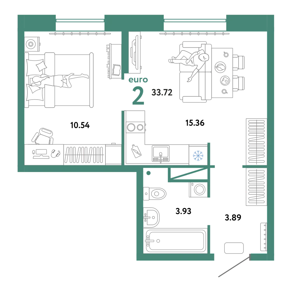 Планировка: Евродвушка 33,72 м²