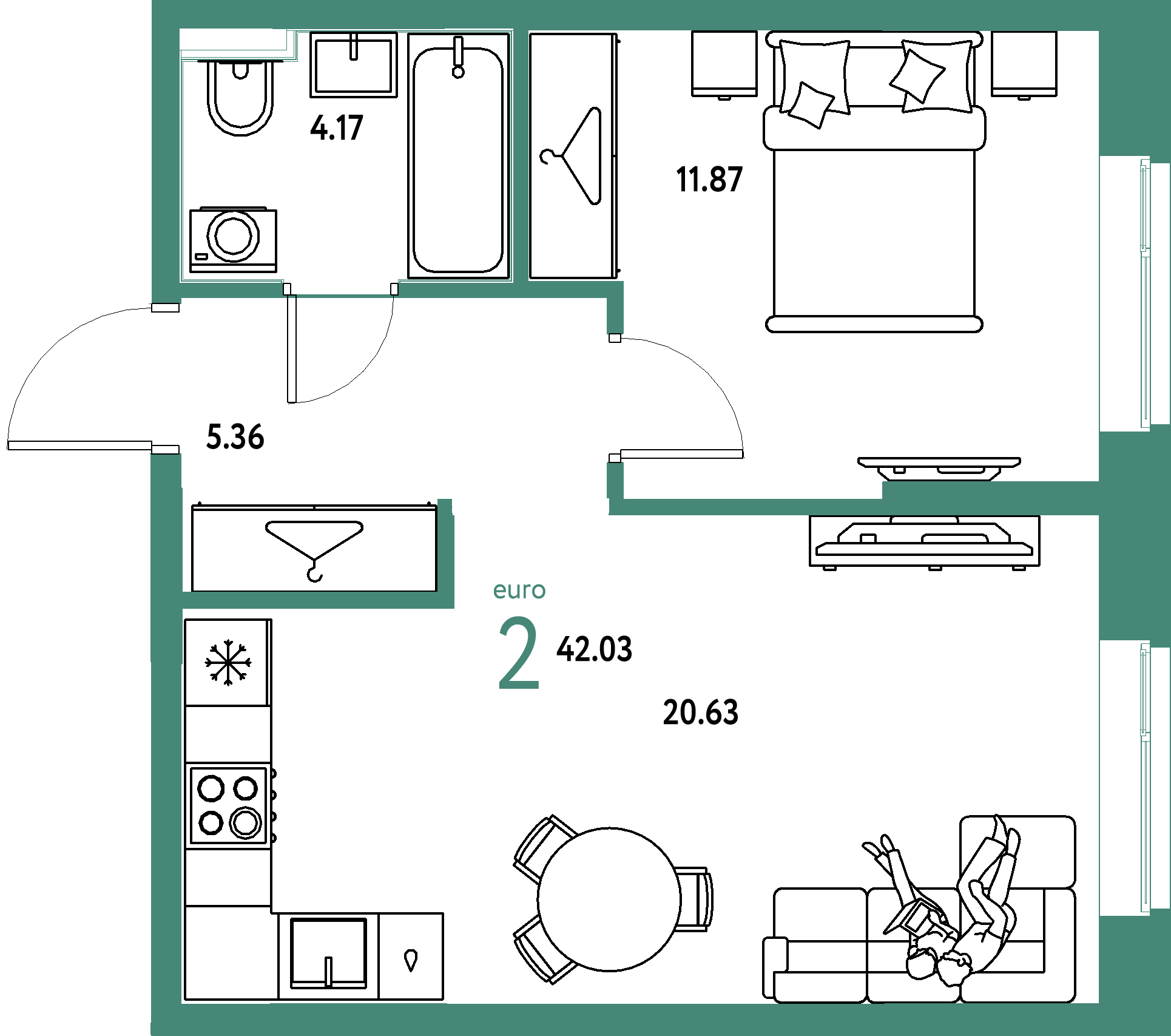 Планировка: Евродвушка 42,03 м² в ЖК «Европейский берег 2.0»