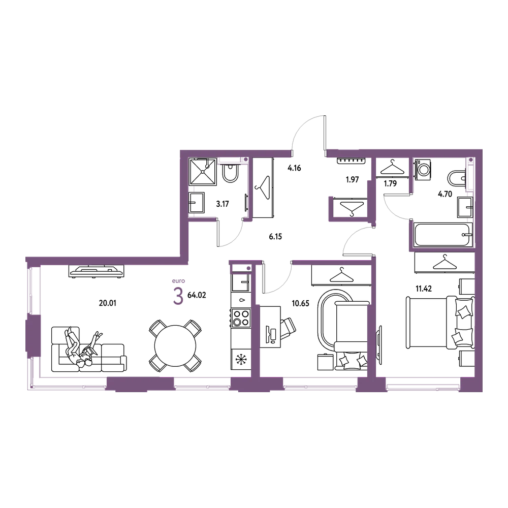 Планировка: Евротрёшка 64,02 м²
