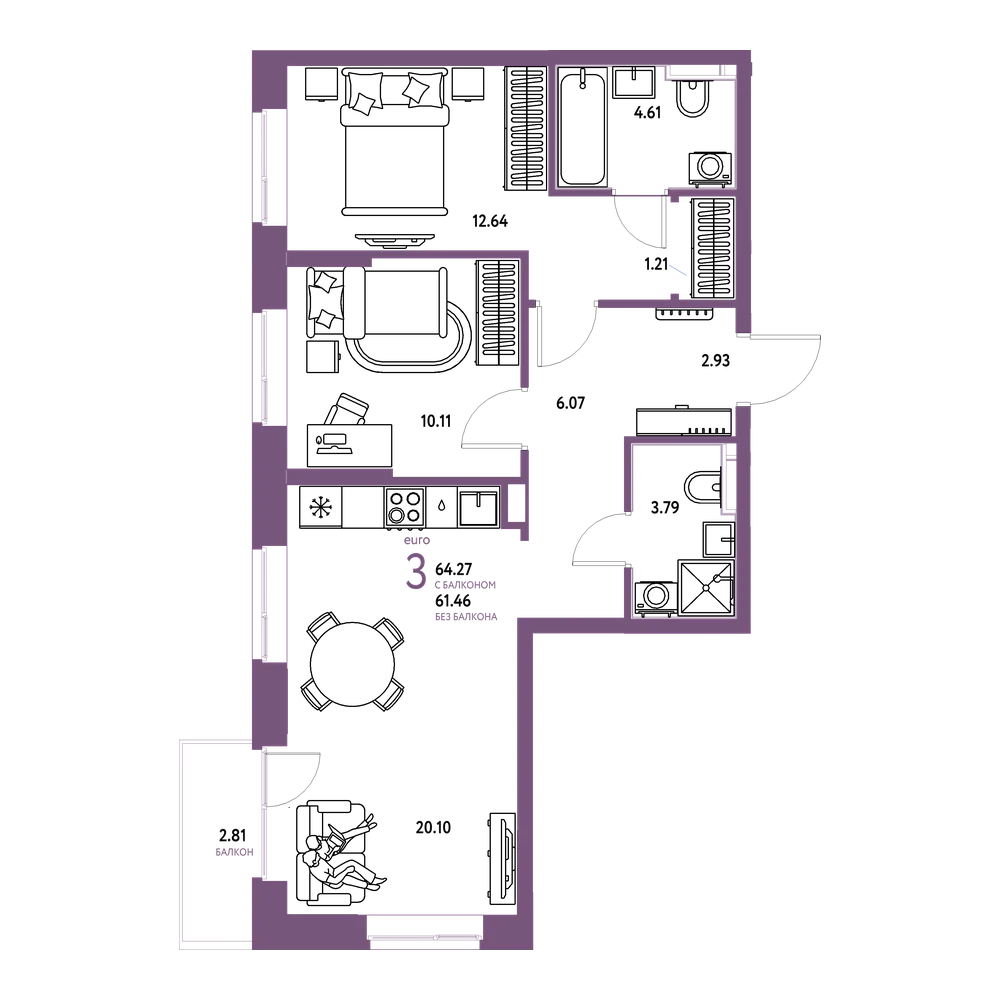 Планировка: Евротрёшка 64,27 м²