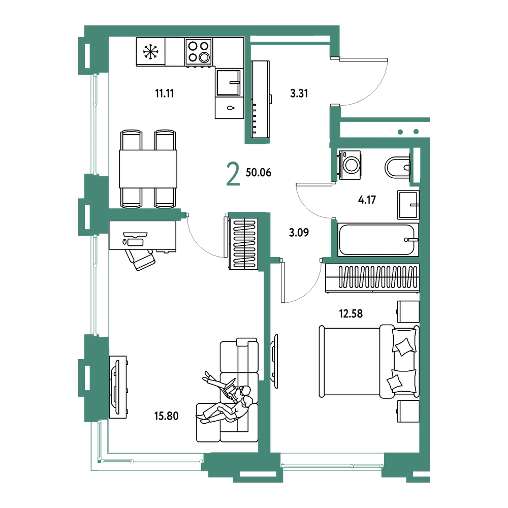 Планировка: 2-комнатная 50,06 м²