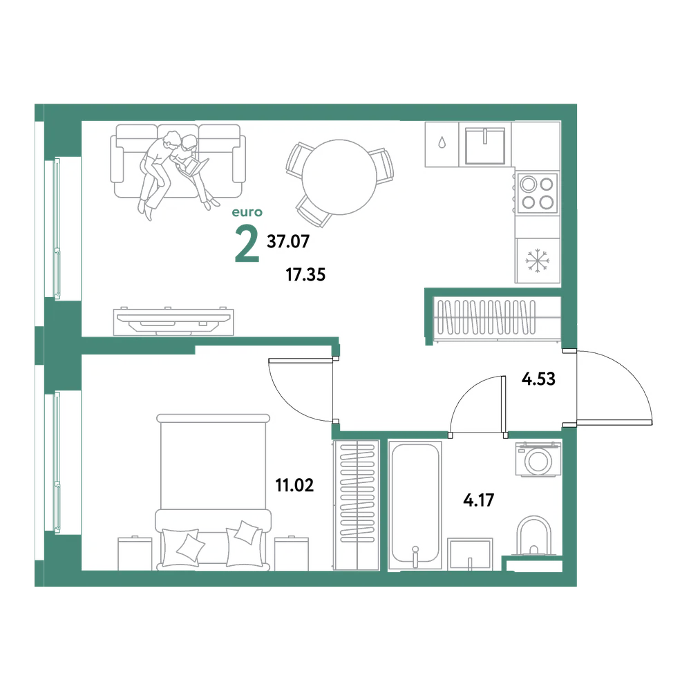 Планировка: Евродвушка 37,07 м²