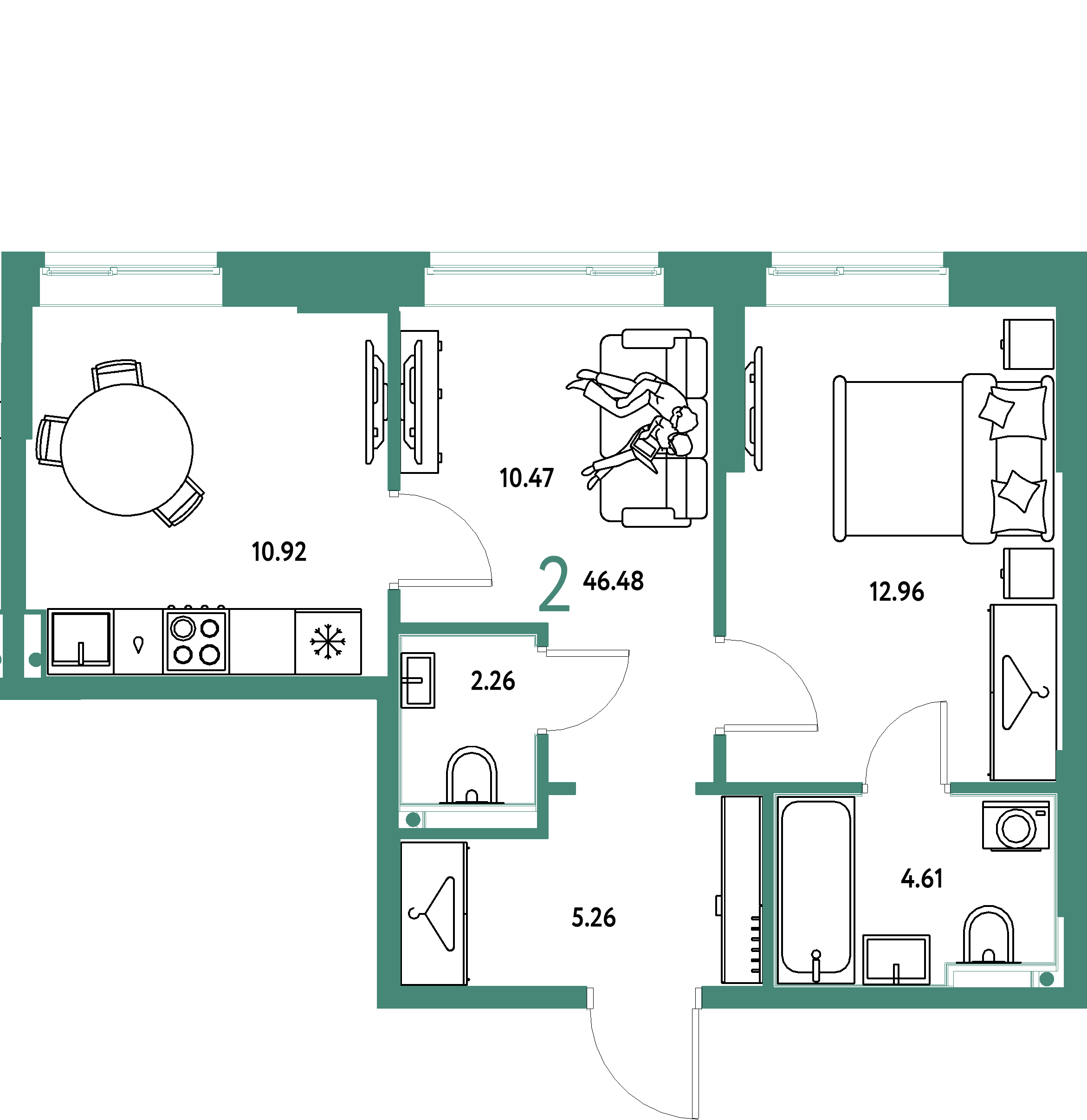 Планировка: 2-комнатная 46,48 м² в ЖК «Европейский берег 2.0»