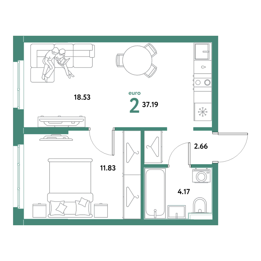 Планировка: Евродвушка 37,19 м²
